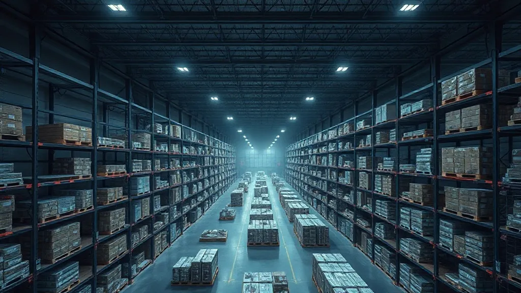 High-tech warehouse from above, digital grid overlay, dark i