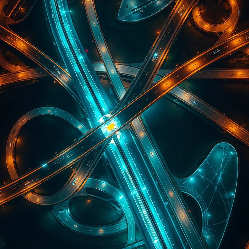 Aerial view of complex highway interchange at night, long ex
